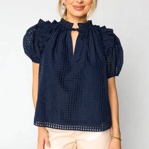 NWT Navy Blue Puff Sleeve Textured Top